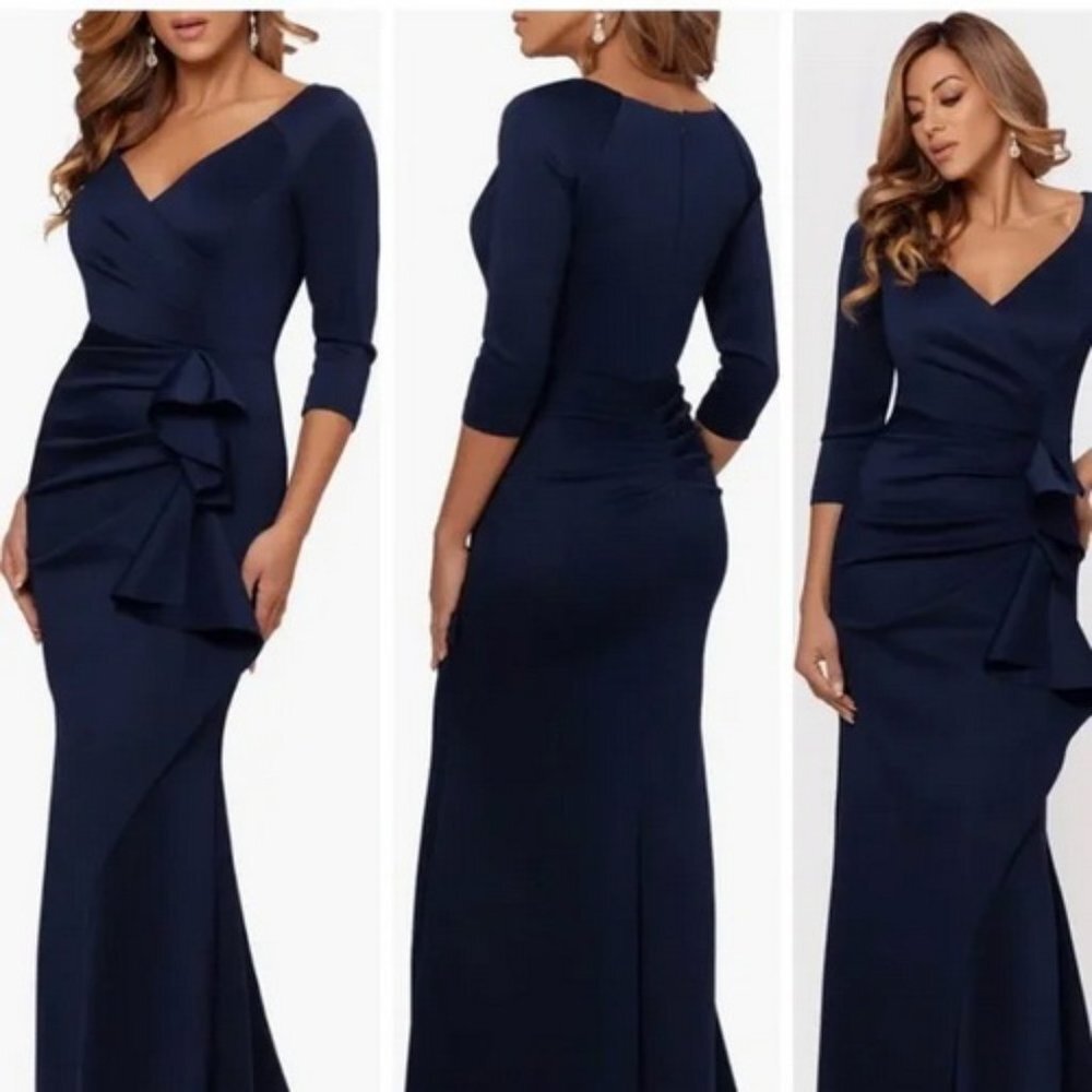 Xscape Midnight Blue Ruched Scuba Ruffle Gown